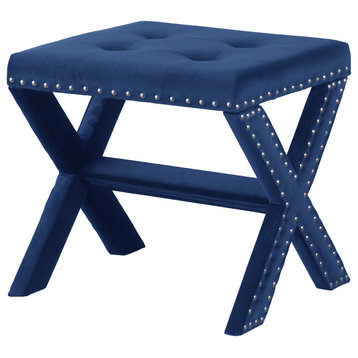 Seward Velvet Accent Bench With Silver Nail Heads, Navy Blue