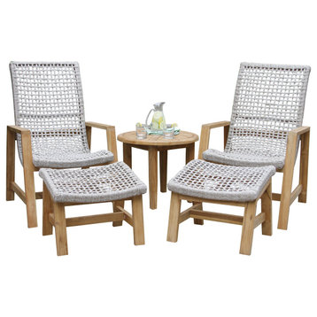 5-Piece Nautical Rope and Teak Lounger and Ottoman Set With Accent Table