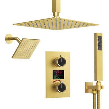 Dual Shower Heads Rain Shower Faucet with Digital Display Shower System,12", Brushed Gold