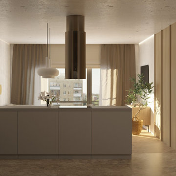 Кухня-гостиная в стиле джапанди из дизайн-проекта в ЖК Hill8, Москва