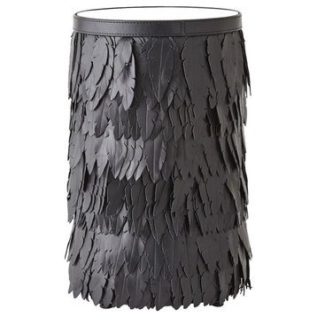 Couture Round Leather Feather Fringe Accent Table 12.5 in End Ivory Black Beige, Black