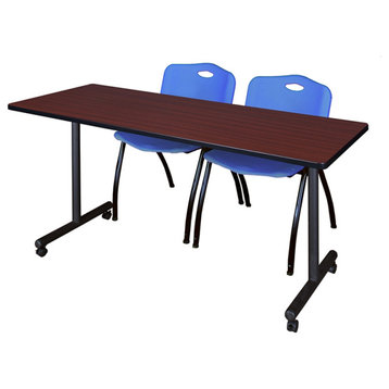 72" x 24" Kobe Mobile Training Table- Mahogany & 2 'M' Stack Chairs- Blue