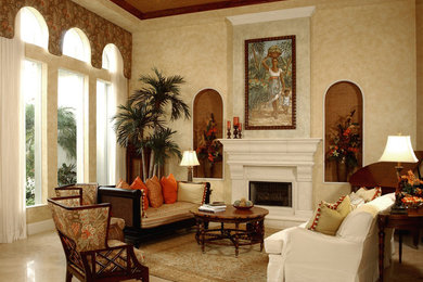 Living room - large traditional formal and enclosed ceramic tile and beige floor living room idea in Atlanta with beige walls, a standard fireplace, a stone fireplace and no tv