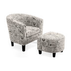 Accent Chair w/ Ottoman Round Arms Curved Back French Print Script, Beige