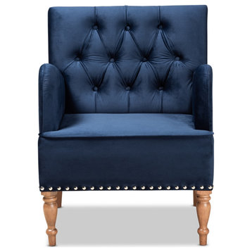 Glam and Luxe Navy Blue Velvet Upholstered Walnut Brown Finished Wood Armchair