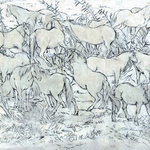 Modern Wall Mural Horses, White, Mural - Horses is a unique piece in a modern chalk-and-charcoal style depicting a field of horses at rest and at play. Use as a mural, or frame each panel individually as accents. Each panel is 36" wide by 90" tall. Printed on MuralPro wallpaper.