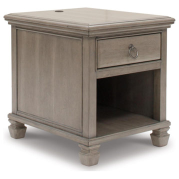Classic Side Table, Hardwood Frame & Storage Drawer With Ring Pull, Light Gray