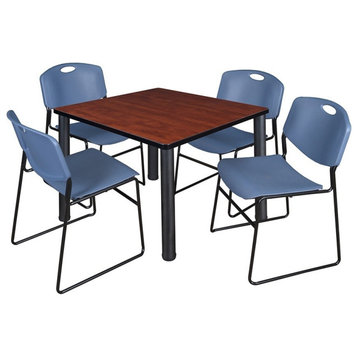 Kee 42" Square Breakroom Table, Cherry/ Black and 4 Zeng Stack Chairs, Blue