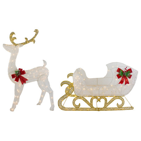 48" LED Lighted Glitter Reindeer With Sleigh Outdoor Christmas Decoration