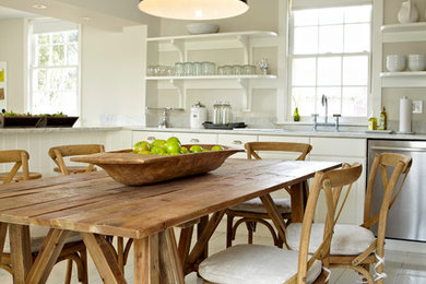 Farmhouse eat-in kitchen photo in New York with open cabinets, white cabinets and stainless steel appliances