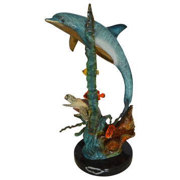 Dolphin , Turtle And Fish Bronze Statue -  Size: 18"L x 16"W x 25"H.