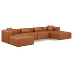 Meridian Furniture - Cube Upholstered Modular Sectional, Cognac, 6-Piece: 2 Armless Chair, 2 Corner Chair, 2 Ottoman, Vegan Leather - Elevate your space with the luxurious Cube Vegan Leather Modular Sectional. This modular sectional exudes modern elegance, charm, and comfort making it a perfect addition to any contemporary living space. Its clean lines and cube shape are reminiscent of minimalist design, while the plush cognac vegan leather upholstery adds a touch of luxury and sophistication. The chair's versatile construction and geometric aesthetic seamlessly integrate into various design styles, from sleek living rooms to chic home offices, embodying the essence of modern design and creating a sense of order and tranquility in your space.