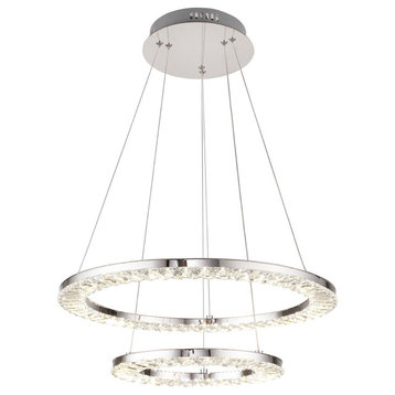 2-Tier Double Ring Clear Crystal LED Light Fixture, Chrome Stainless Steel Frame