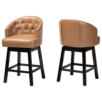 Baxton Studio Theron Tan Faux Leather and Brown Wood 2-Piece Counter Stool Set