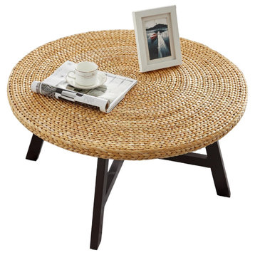 Classic Rustic Coffee Table, Crossed Wooden Base & Round Seagrass Top, Natural