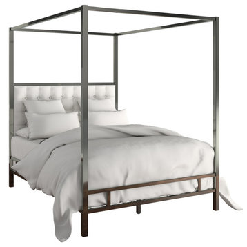 Safira Modern Metal Canopy Bed in Black Nickel, Off-White, Queen