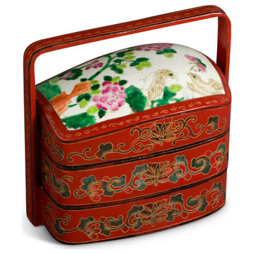 Vintage Red Lacquer Lunch Box with Bird and Peony Porcelain Lid