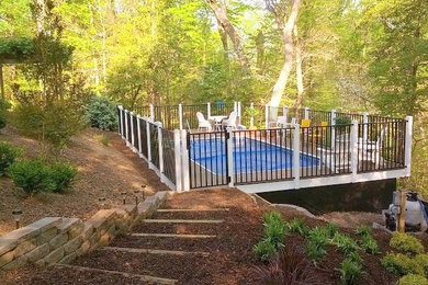 Design ideas for a mid-sized modern full sun backyard landscaping in Detroit with decking for spring.