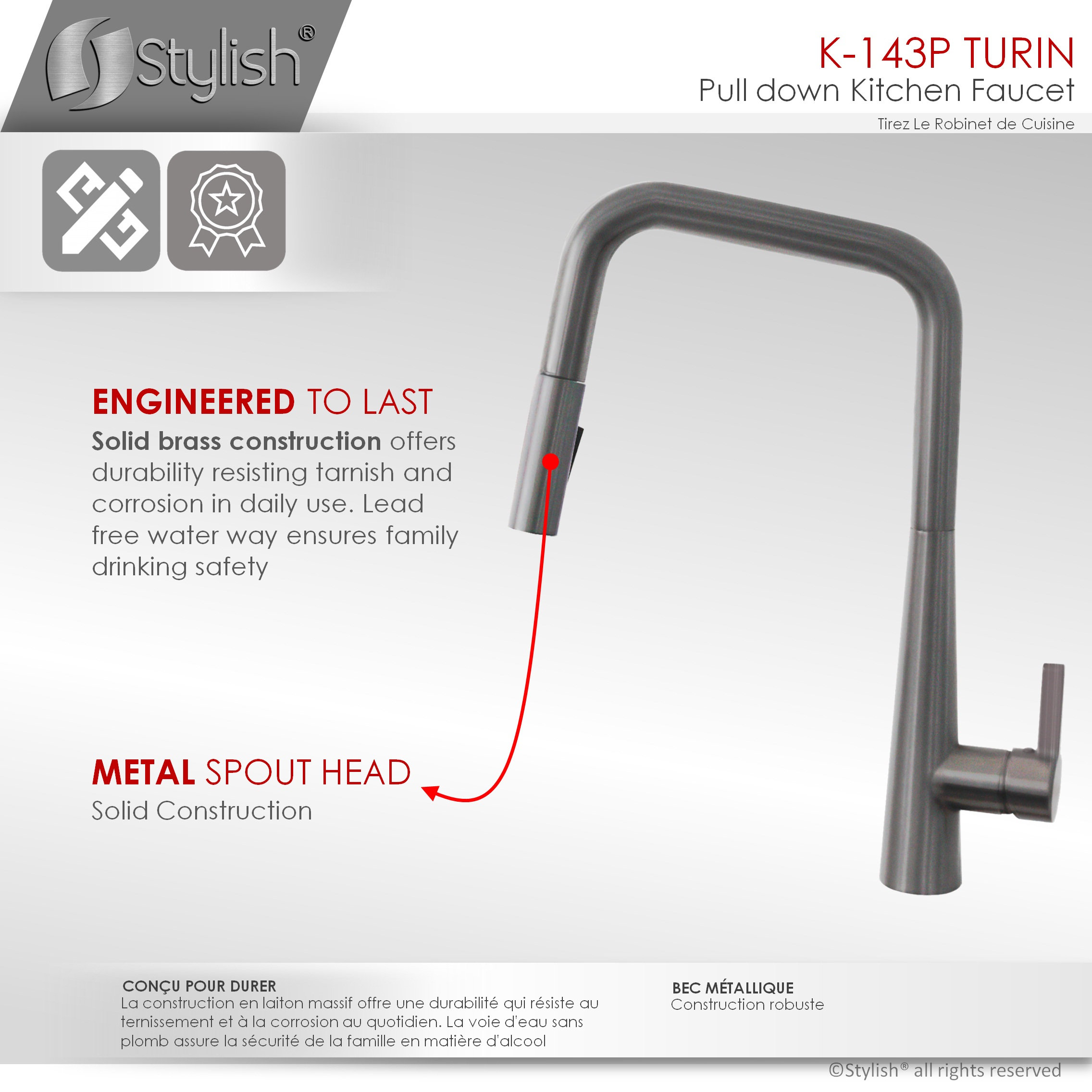 STYLISH Modern Single Handle Pull Down Sprayer Kitchen Faucet in Gunmetal