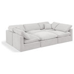 Meridian Furniture - Indulge Upholstered Modular U-Shaped Sectional, Cream, 6-Piece: 3 Armless Chair, 2 Corner Chair, 1 Ottoman, Down Stuffed Velvet - Experience ultimate comfort and style with our cream velvet Indulge Sectional. The luxurious velvet will elevate the aesthetic of any room. This sofa provides ample space for you to relax while its modular build offers the option of unlimited configurations. Whether you're looking to add a stylish element to your living room or a comfortable seating option to your bedroom, this sofa is the perfect choice.