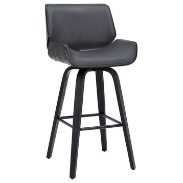 Tyler Mid-Century Swivel Stool,  Faux Leather With Wood Frame, Gray and Black, Counter Height 26"