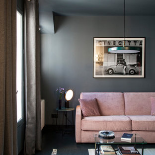 Inspiration för moderna vardagsrum, med grå väggar och blått golv