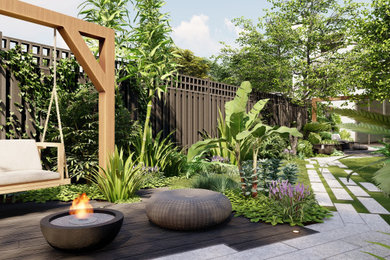 Medium sized world-inspired back partial sun garden for summer in Other with a garden path, decking and a wood fence.