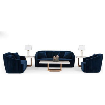 Aster Modern Blue Velvet and Brass Sofa Set