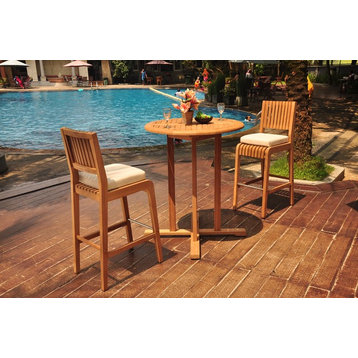 3-Piece Outdoor Patio Teak Bar Set: 36" Round Table, 2 Maldives Armless Chairs