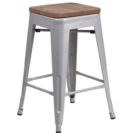 24"High Backless Silver Metal Counter Height Stool with Square Wood Seat