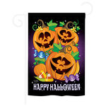 Breeze Decor - Halloween Happy Pumpkins 2-Sided Impression Garden Flag - Size: 13 Inches By 18.5 Inches - With A 3" Pole Sleeve. All Weather Resistant Pro Guard Polyester Soft to the Touch Material. Designed to Hang Vertically. Double Sided - Reads Correctly on Both Sides. Original Artwork Licensed by Breeze Decor. Eco Friendly Procedures. Proudly Produced in the United States of America. Pole Not Included.