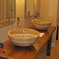 Extra Large Onyx Vessel Sinks on Solid Teak Slab Vanity - Bathroom Sinks