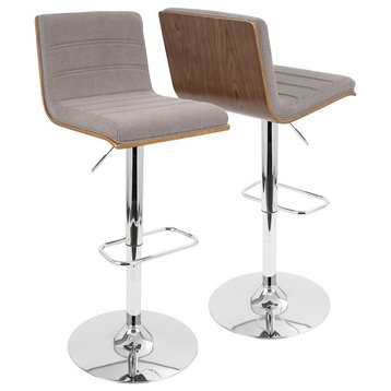 Vasari H Adjustable Barstool With Swivel, Walnut Wood/Gray Fabric Seat