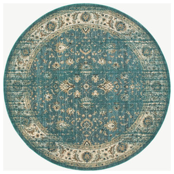 8' Round Peacock Blue And Ivory Indoor Area Rug