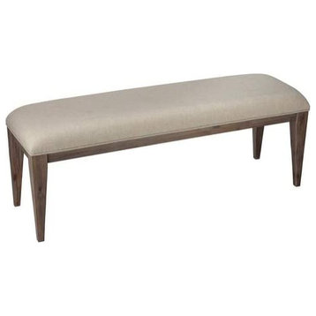 Rustic Dining Bench, Weathered Brown Legs With Beige Linen Fabric Cushioned Seat