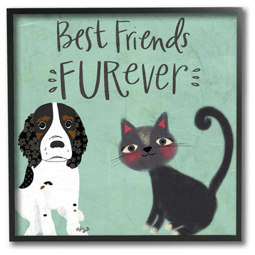 Blue Best Friends Furever Dog And Cat Illustration Framed Giclee, 12"x12"