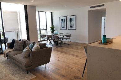 Photo of a mid-sized modern open plan dining in Perth with medium hardwood floors.