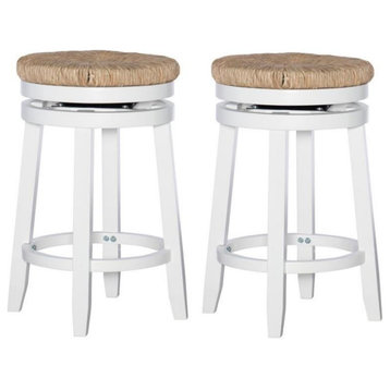 Home Square 2 Piece Swivel Rush Wood Counter Stool Set in White