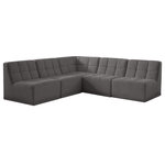 Meridian Furniture - Relax Velvet Upholstered 5-Piece L-Shaped Modular Sectional, Grey - Bolster a contemporary vibe in your living room with this Relax grey modular sectional. Soft grey velvet upholstery offers delicate comfort, making this sectional cozy for anyone who sits in it. Biscuit tufting gives this sectional texture and a modern style, adding extra comfort and elegance to your living space. It's modular design allows you to create infinite configurations, making it a versatile piece to add to your home. A latch underneath the sectional makes it easy to attach to other pieces.