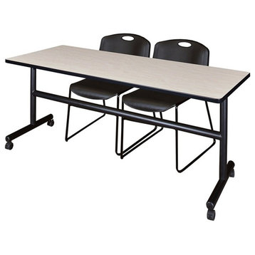 Kobe 72" Flip Top Mobile Training Table, Maple and 2 Zeng Stack Chairs, Black