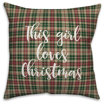 This Girl Loves Christmas, Tartan Plaid 18x18 Throw Pillow