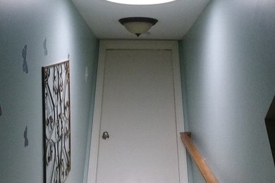 Hallway - carpeted hallway idea in Indianapolis with blue walls