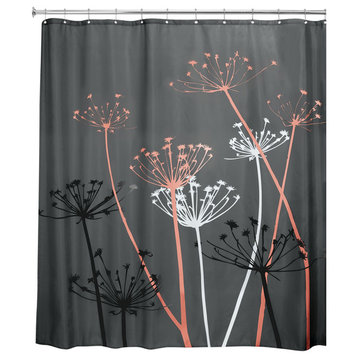 iDesign Thistle Fabric Shower Curtain, 72"x72", Gray and Coral
