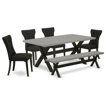 X697Ga124-6, 6-Piece Set With 4 Chairs, Wooden Bench and Table, Black