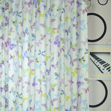 Butterflies Back Tab Printed Cotton Curtain Heading Style Red Orange Color