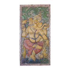 Consigned Antique  Carved Ganesha God of Prosperity Barn Door Panel, Wall Decor