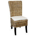 Harp and Finial - Reagan Dining Chair Espresso Wood Cream Pad - The Reagan Dining Chair has striking subtleties, with a beautiful hardwood frame and a soft linen cushion tied to woven banana leaves. The deep, cream colored pad provides comfortable cushioning and a graceful complement to the daring espresso hardwood. The classic frame makes this an excellent side chair for modern dining rooms.�
