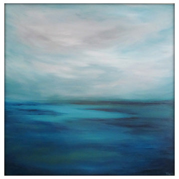 Large Seascape Abstract Painting on Canvas Modern Acrylic Skyline- 40x40- Blues