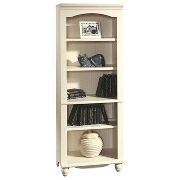 Tall Bookcase, Wood Frame With 1 Fixed & 3 Adjustable Shelves, Antiqued White