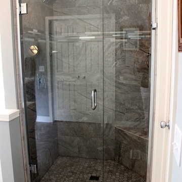 Cherry Onyx Vanity with Cambria Bellingham Countertops and Gray Tiled Shower